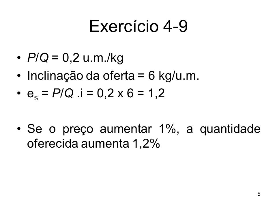 Exercício 4-9 P/Q = 0,2 u.m./kg Inclinação da oferta = 6 kg/u.m.
