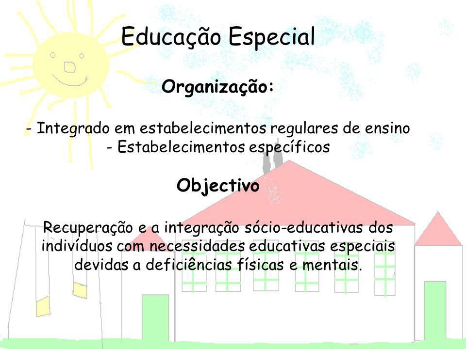 Educação Especial Organização: - Integrado em estabelecimentos regulares de ensino - Estabelecimentos específicos Objectivo Recuperação e a integração sócio-educativas dos indivíduos com necessidades educativas especiais devidas a deficiências físicas e mentais.