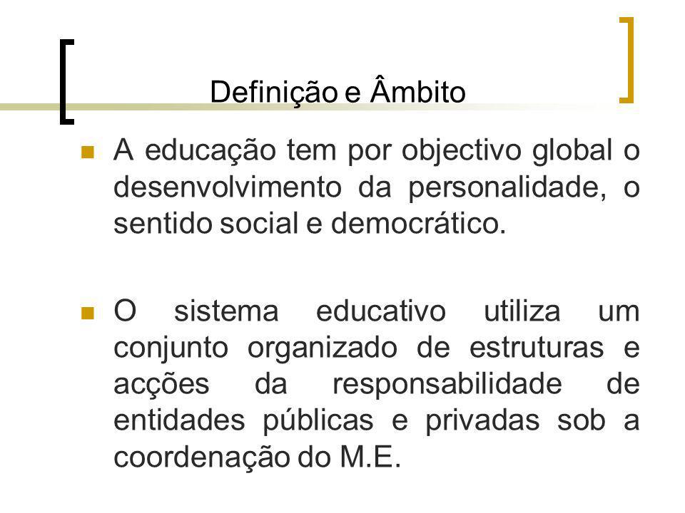 Definição e Âmbito A educação tem por objectivo global o desenvolvimento da personalidade, o sentido social e democrático.