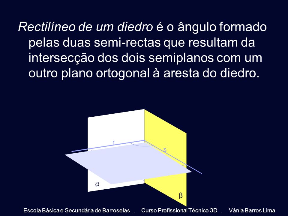 Rectilíneo de um diedro é o ângulo formado pelas duas semi-rectas que resultam da intersecção dos dois semiplanos com um outro plano ortogonal à aresta do diedro.