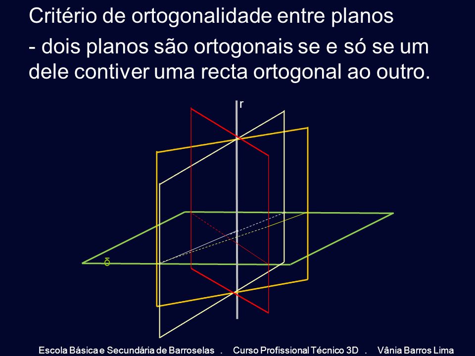 Critério de ortogonalidade entre planos - dois planos são ortogonais se e só se um dele contiver uma recta ortogonal ao outro.