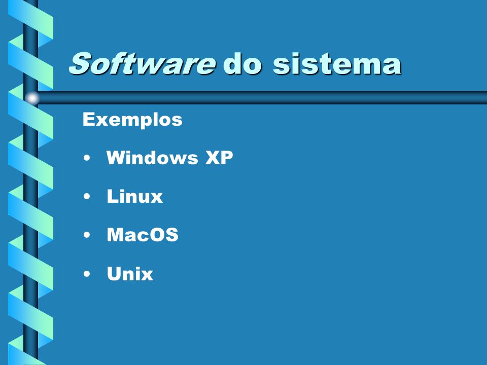 Software do sistema Exemplos Windows XP Linux MacOS Unix