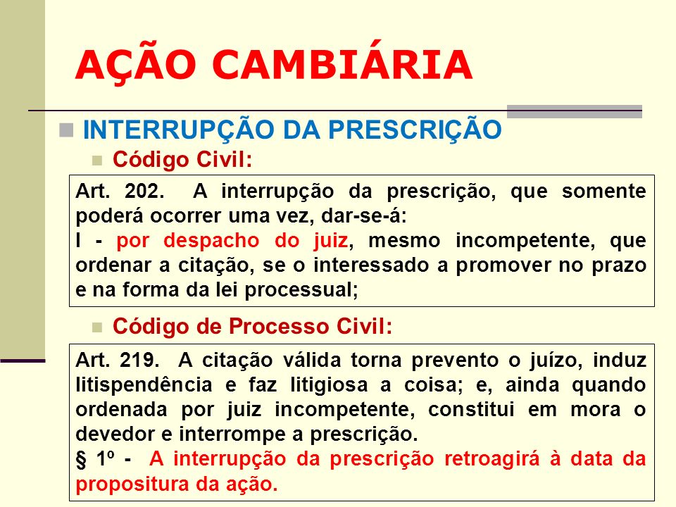AÇÃO CAMBIÁRIA INTERRUPÇÃO DA PRESCRIÇÃO Código Civil: