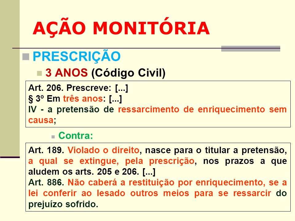 AÇÃO MONITÓRIA PRESCRIÇÃO 3 ANOS (Código Civil) Contra: