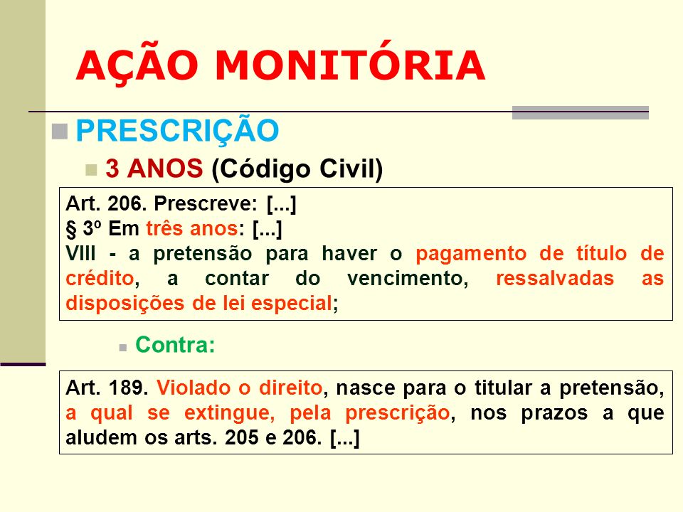 AÇÃO MONITÓRIA PRESCRIÇÃO 3 ANOS (Código Civil) Contra: