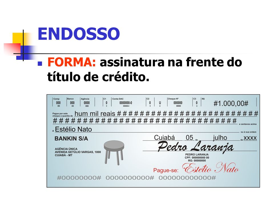 ENDOSSO FORMA: assinatura na frente do título de crédito.