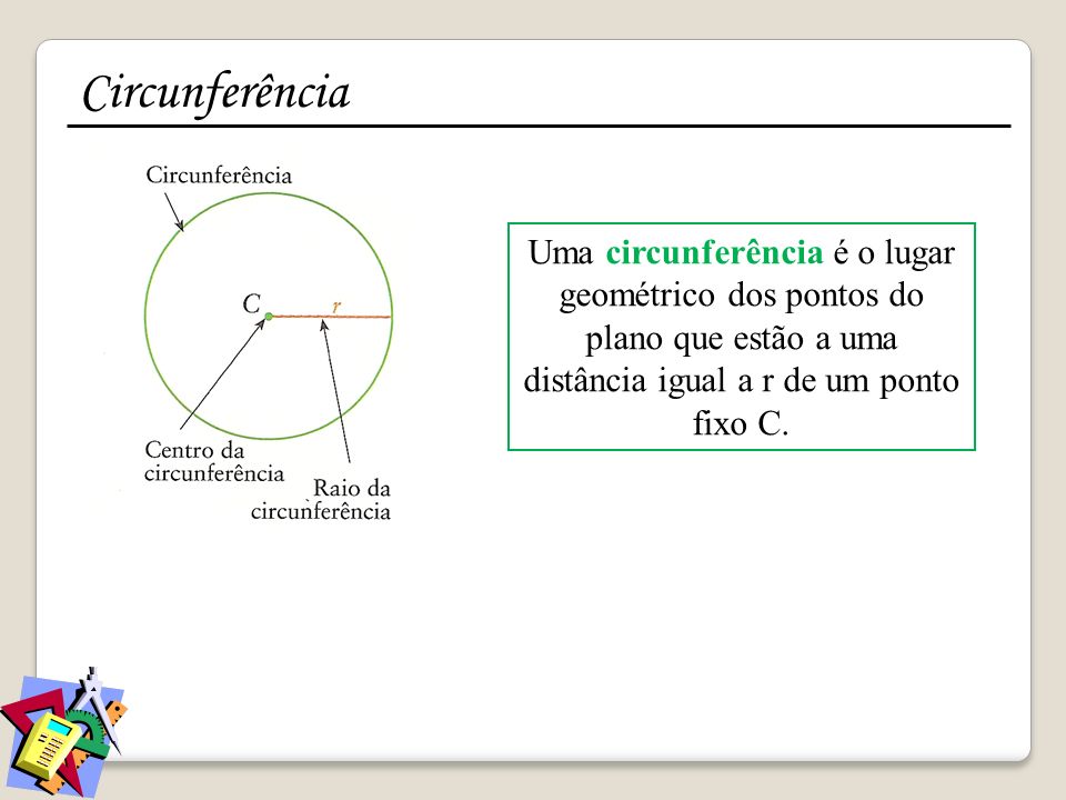 Circunferência Uma circunferência é o lugar geométrico dos pontos do plano que estão a uma distância igual a r de um ponto fixo C.