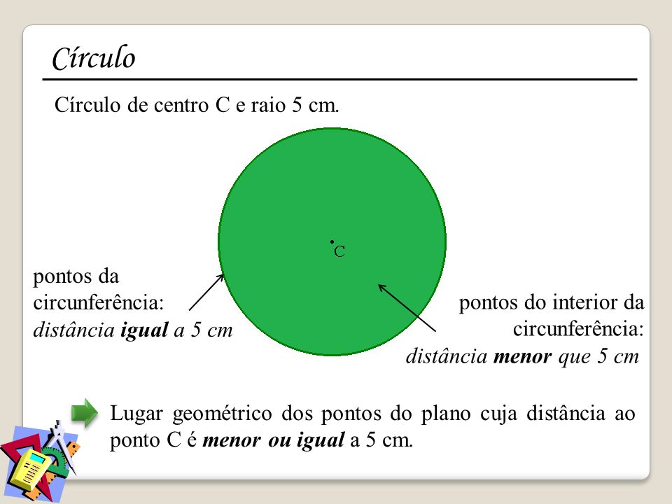 Círculo Círculo de centro C e raio 5 cm. pontos da circunferência: