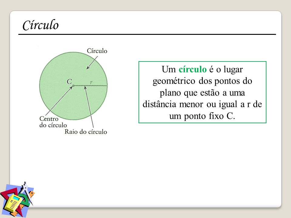 Círculo Um círculo é o lugar geométrico dos pontos do plano que estão a uma distância menor ou igual a r de um ponto fixo C.