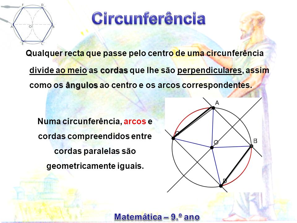 Qualquer recta que passe pelo centro de uma circunferência divide ao meio as cordas que lhe são perpendiculares, assim como os ângulos ao centro e os arcos correspondentes.