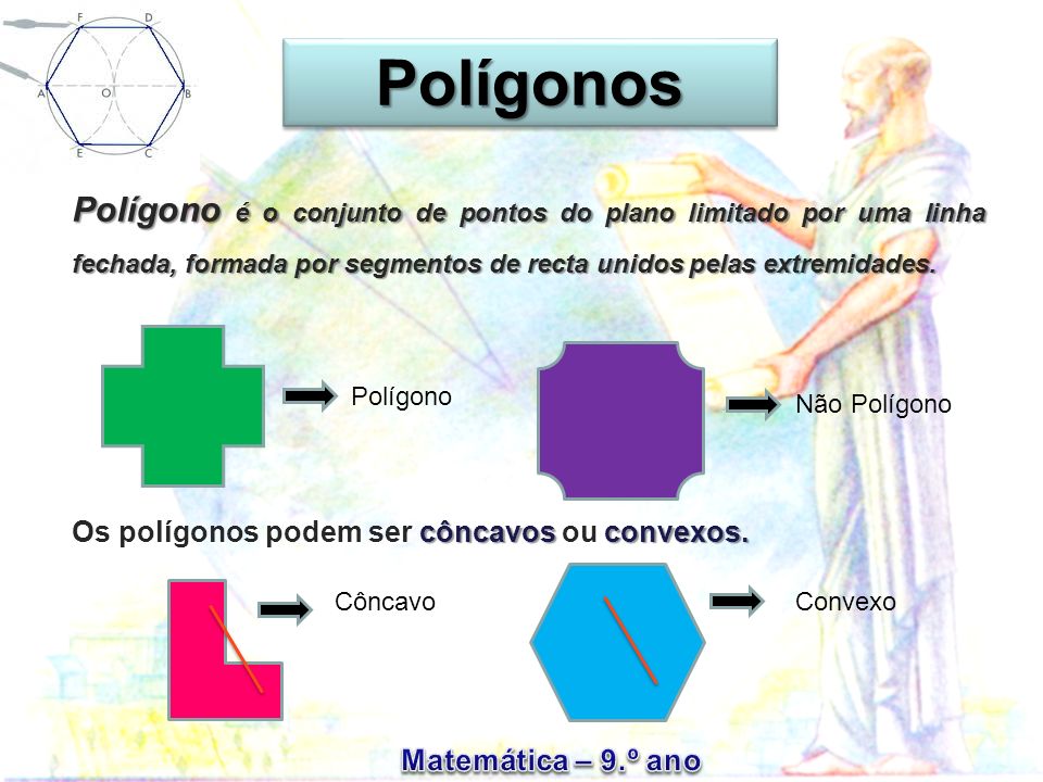 Polígonos Polígono é o conjunto de pontos do plano limitado por uma linha fechada, formada por segmentos de recta unidos pelas extremidades.