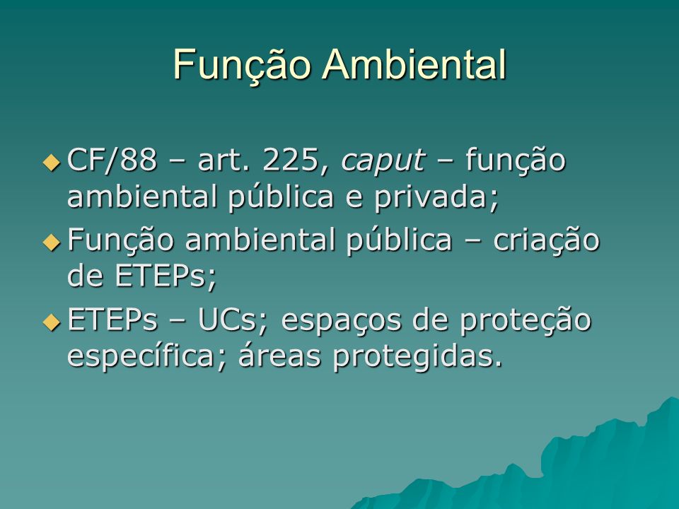 Função Ambiental CF/88 – art. 225, caput – função ambiental pública e privada; Função ambiental pública – criação de ETEPs;