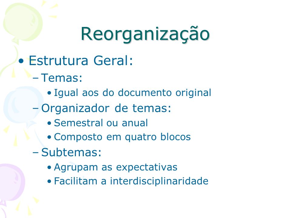 Reorganização Estrutura Geral: Temas: Organizador de temas: Subtemas: