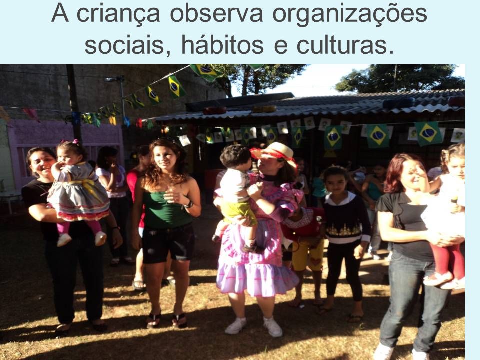 A criança observa organizações sociais, hábitos e culturas.