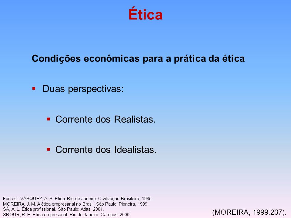 Ética Condições econômicas para a prática da ética Duas perspectivas: