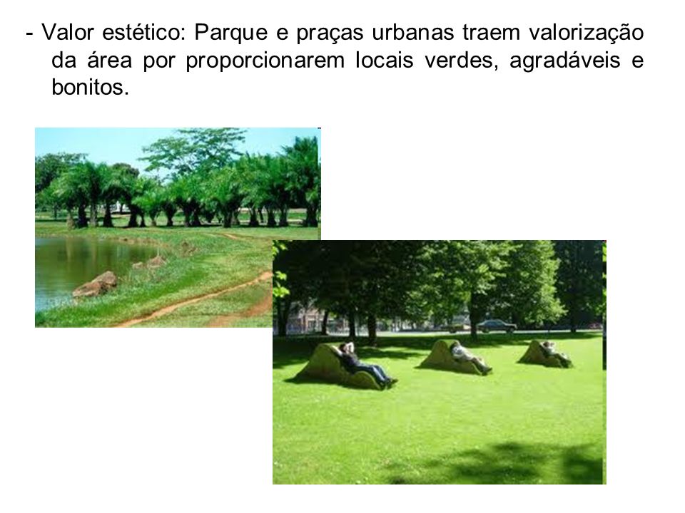 - Valor estético: Parque e praças urbanas traem valorização da área por proporcionarem locais verdes, agradáveis e bonitos.