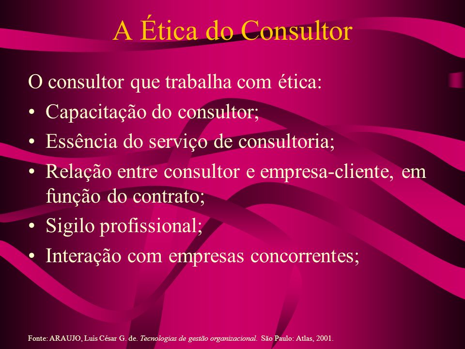 A Ética do Consultor O consultor que trabalha com ética: