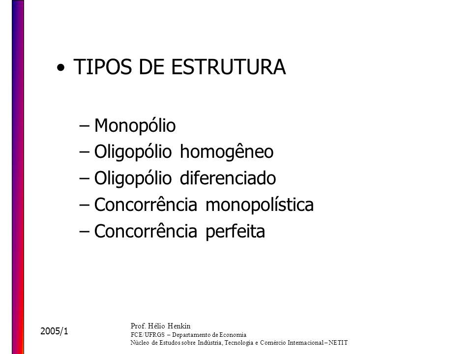 TIPOS DE ESTRUTURA Monopólio Oligopólio homogêneo