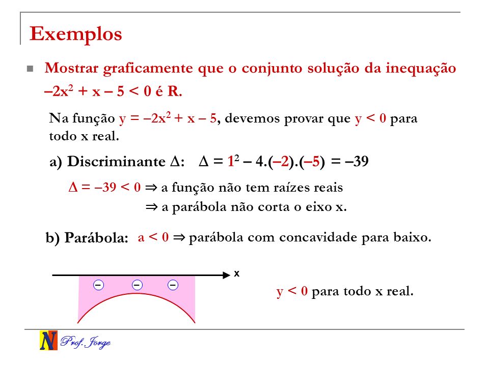 Exemplos Mostrar graficamente que o conjunto solução da inequação –2x2 + x – 5 < 0 é R.