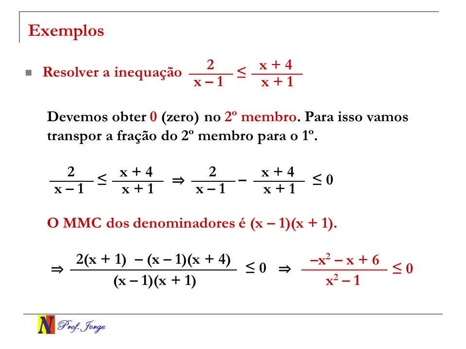 Exemplos 2 x + 4 Resolver a inequação ≤ x – 1 x + 1