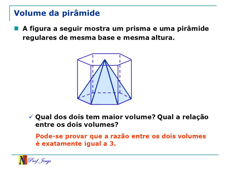 Volume da pirâmide A figura a seguir mostra um prisma e uma pirâmide regulares de mesma base e mesma altura.