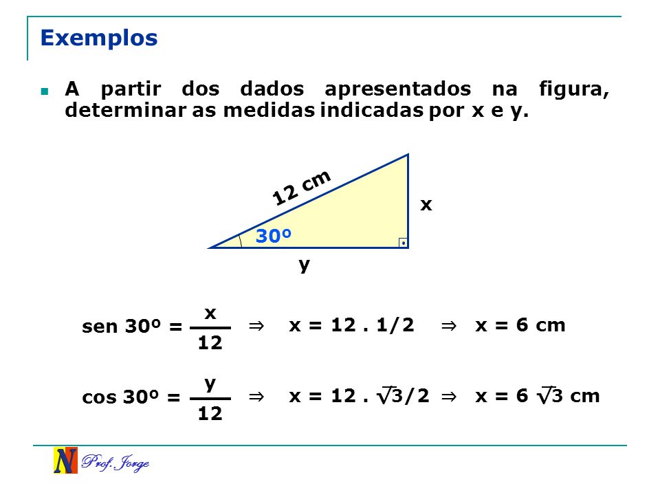 Exemplos A partir dos dados apresentados na figura, determinar as medidas indicadas por x e y. 12 cm.