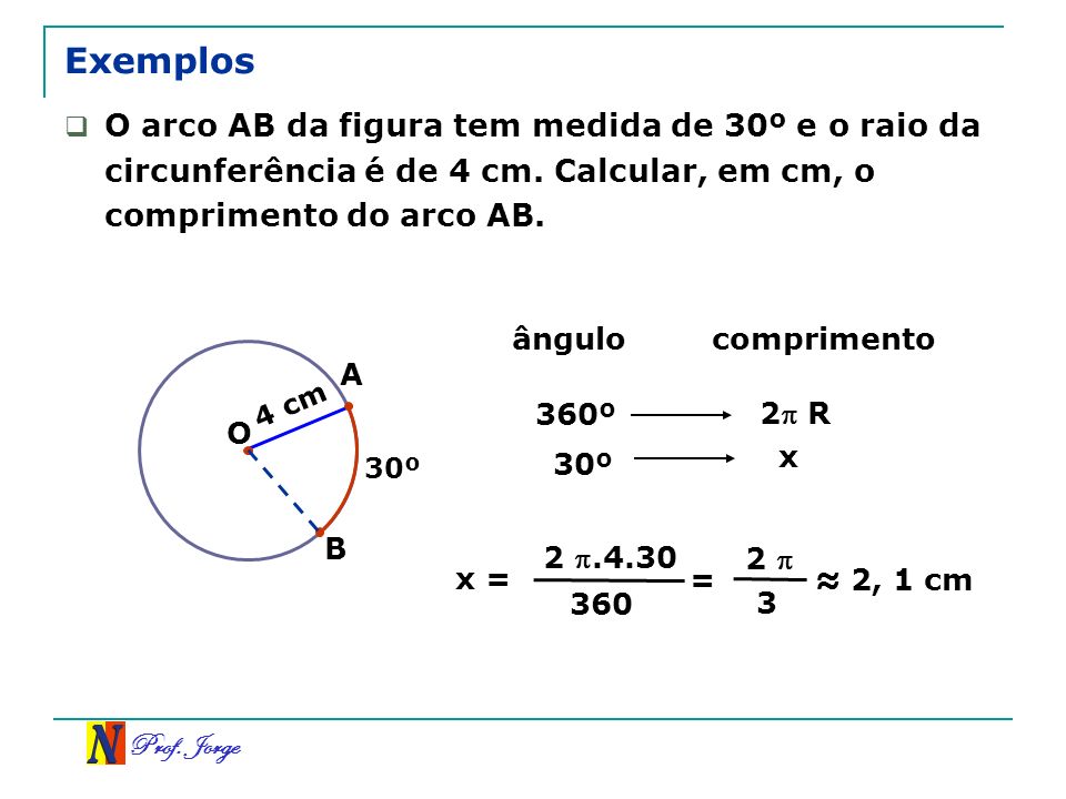 Exemplos O arco AB da figura tem medida de 30º e o raio da circunferência é de 4 cm. Calcular, em cm, o comprimento do arco AB.