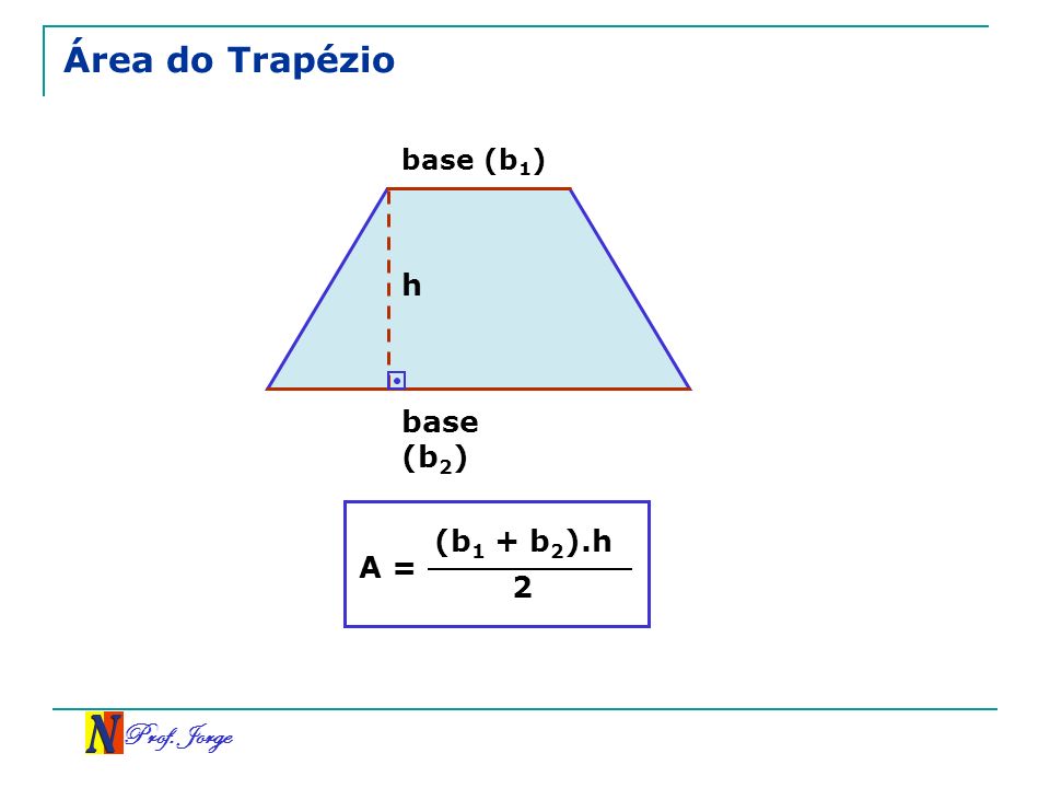 Área do Trapézio base (b1) h base (b2) A = (b1 + b2).h 2 Prof. Jorge