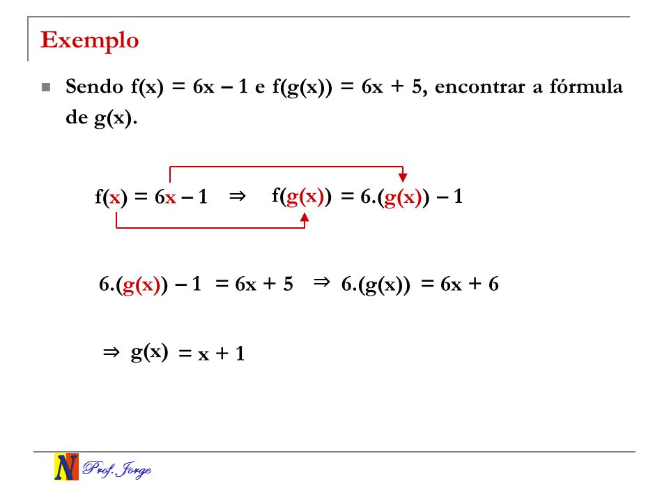 Exemplo Sendo f(x) = 6x – 1 e f(g(x)) = 6x + 5, encontrar a fórmula de g(x). f(x) = 6x – 1. ⇒ f(g(x))
