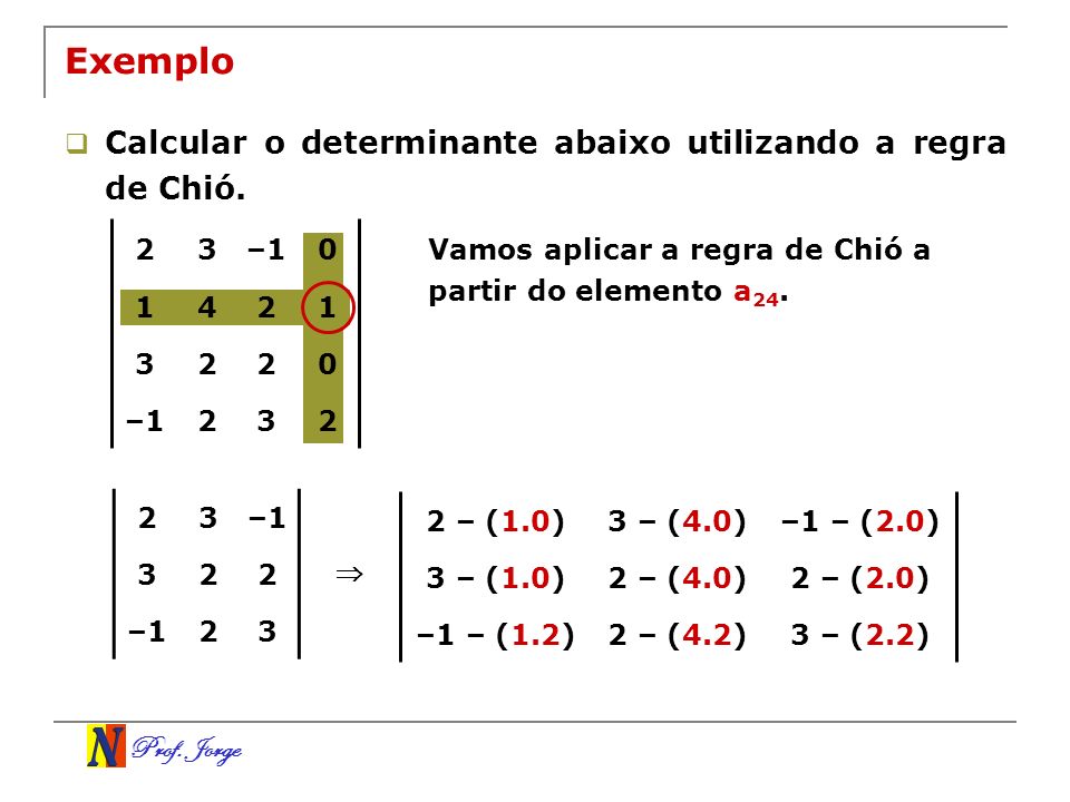 Exemplo Calcular o determinante abaixo utilizando a regra de Chió. 2 3