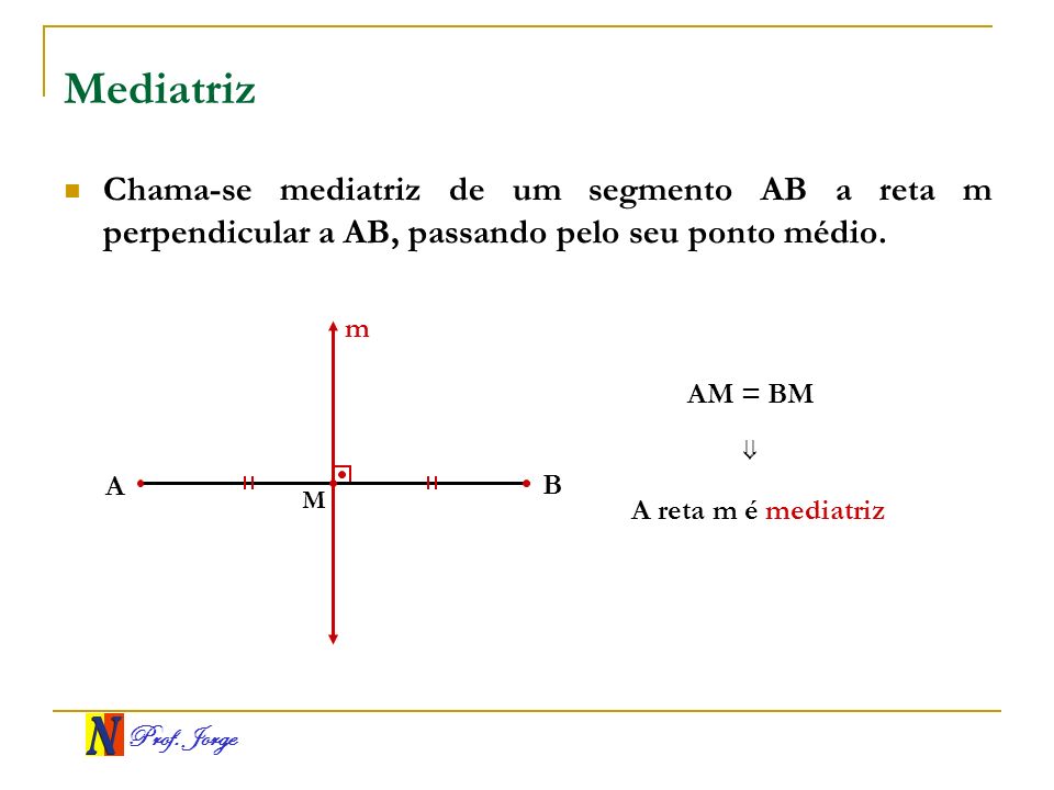 Mediatriz Chama-se mediatriz de um segmento AB a reta m perpendicular a AB, passando pelo seu ponto médio.
