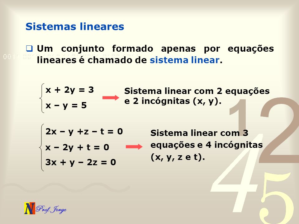 Sistemas lineares Um conjunto formado apenas por equações lineares é chamado de sistema linear. x + 2y = 3.