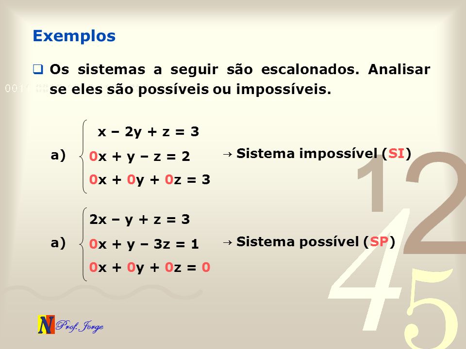 Exemplos Os sistemas a seguir são escalonados. Analisar se eles são possíveis ou impossíveis. x – 2y + z = 3.
