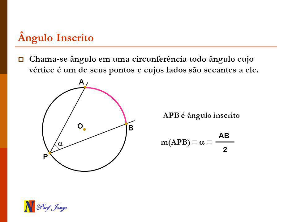 Ângulo Inscrito Chama-se ângulo em uma circunferência todo ângulo cujo vértice é um de seus pontos e cujos lados são secantes a ele.