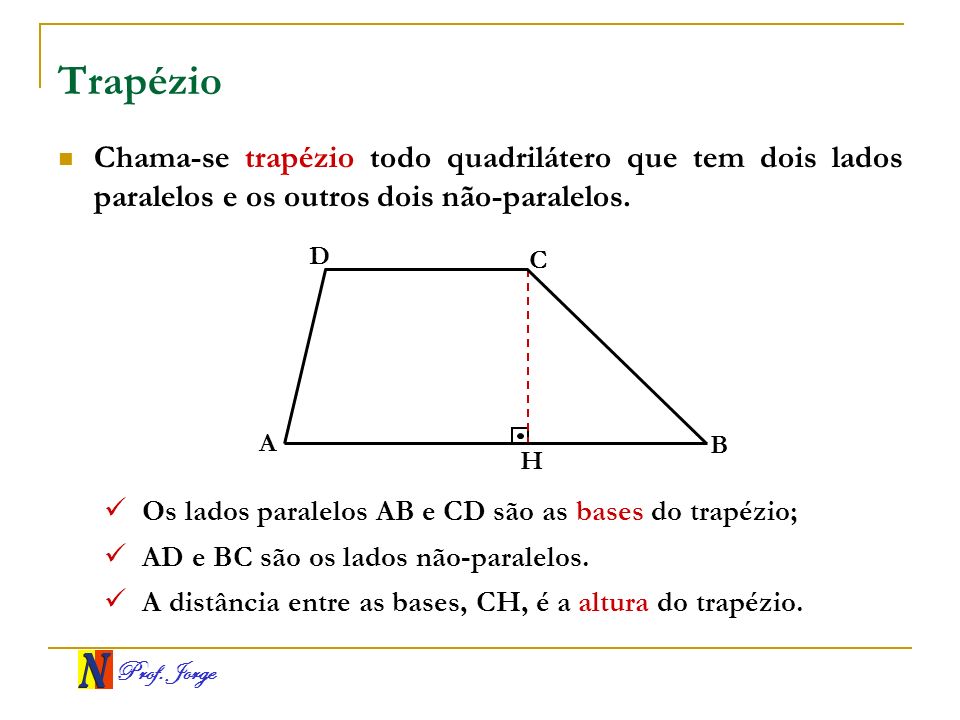 Trapézio Chama-se trapézio todo quadrilátero que tem dois lados paralelos e os outros dois não-paralelos.