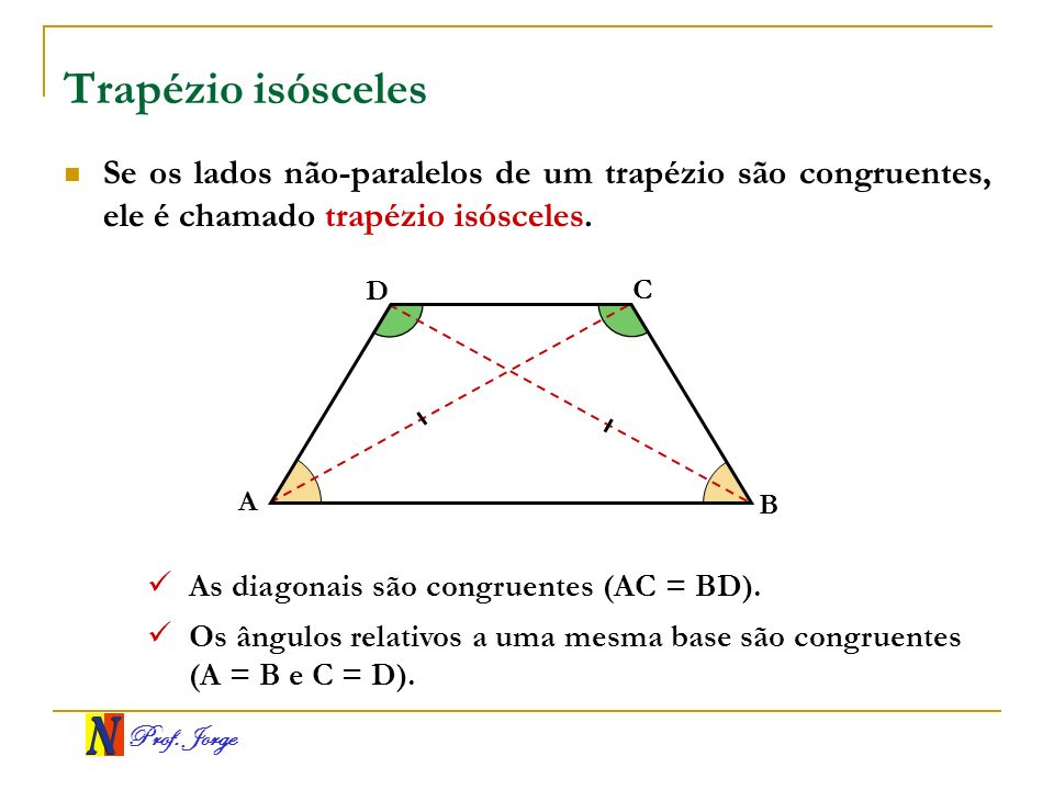 Trapézio isósceles Se os lados não-paralelos de um trapézio são congruentes, ele é chamado trapézio isósceles.
