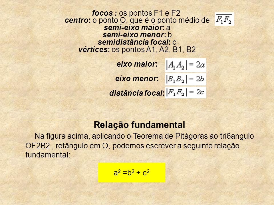 focos : os pontos F1 e F2 centro: o ponto O, que é o ponto médio de semi-eixo maior: a semi-eixo menor: b semidistância focal: c vértices: os pontos A1, A2, B1, B2 eixo maior: eixo menor: distância focal: