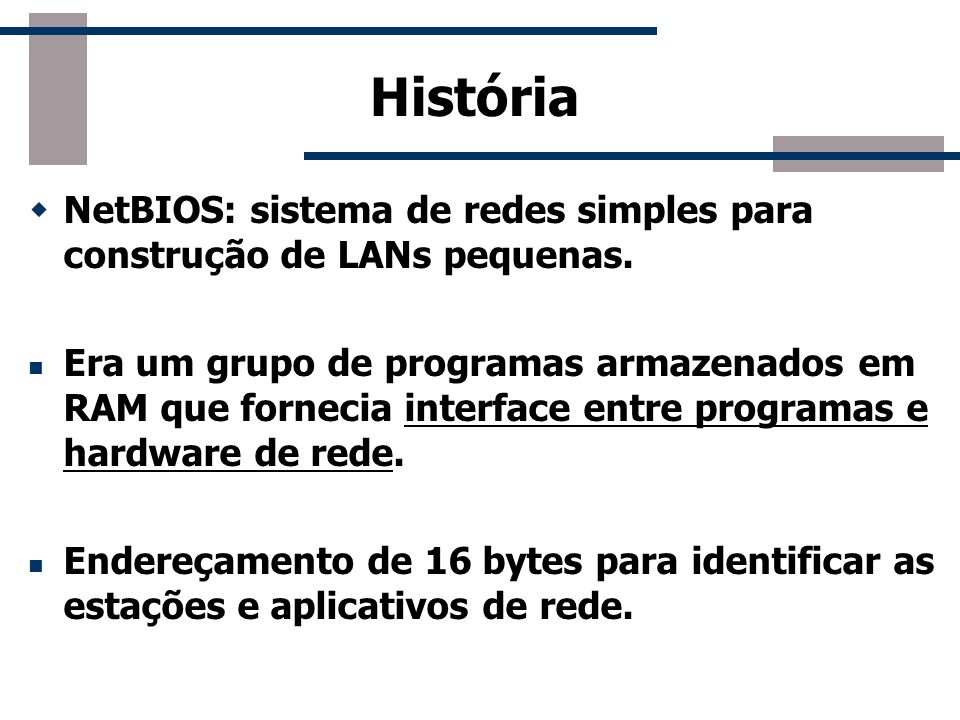 História NetBIOS: sistema de redes simples para construção de LANs pequenas.