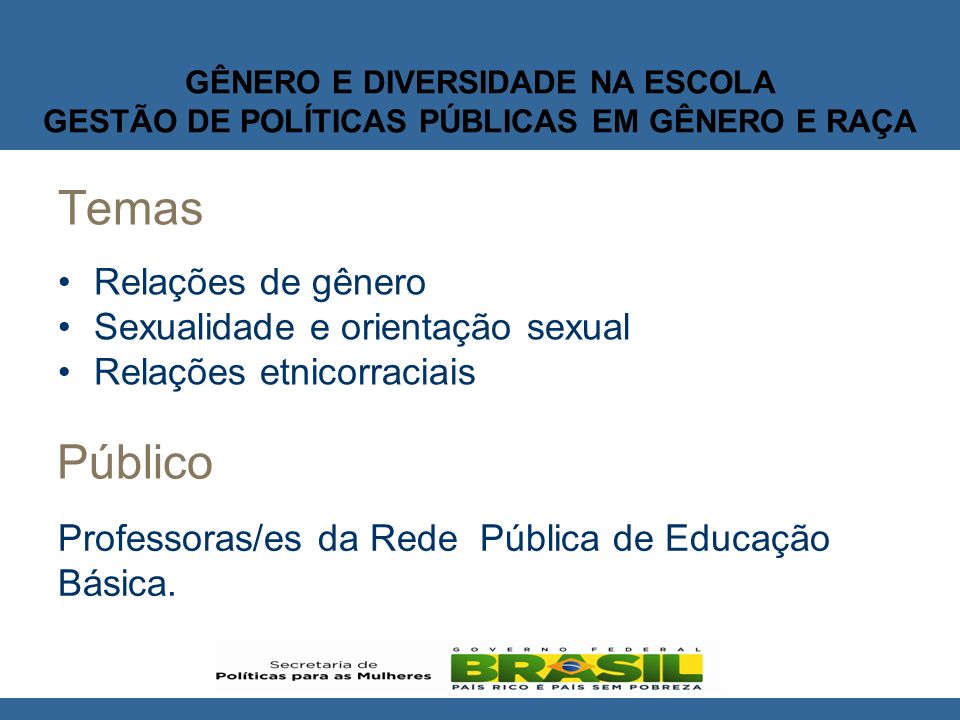 Temas Público Relações de gênero Sexualidade e orientação sexual