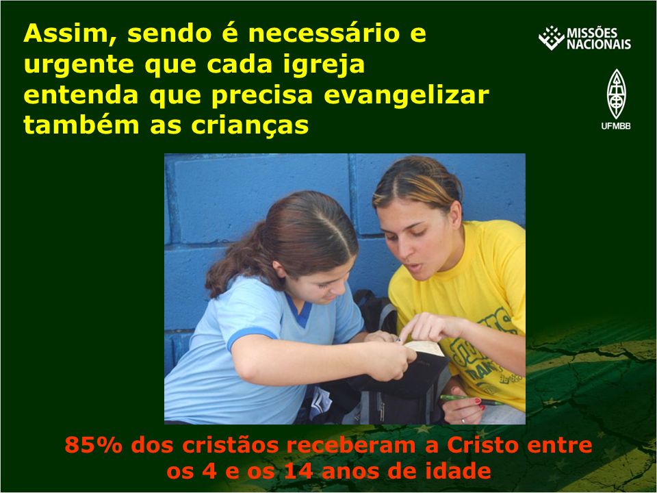 85% dos cristãos receberam a Cristo entre os 4 e os 14 anos de idade