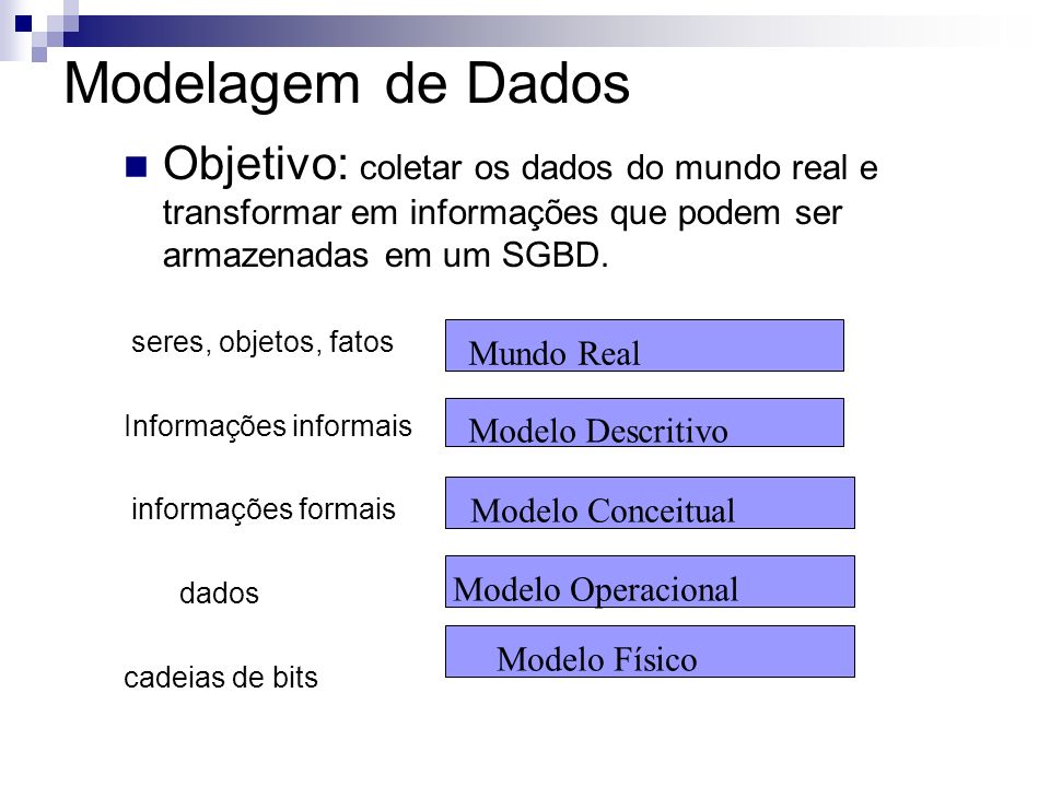 Modelagem de Dados Objetivo: coletar os dados do mundo real e transformar em informações que podem ser armazenadas em um SGBD.