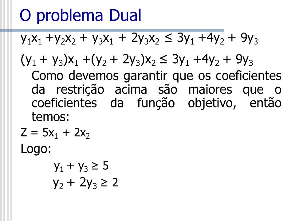 O problema Dual y1x1 +y2x2 + y3x1 + 2y3x2 ≤ 3y1 +4y2 + 9y3