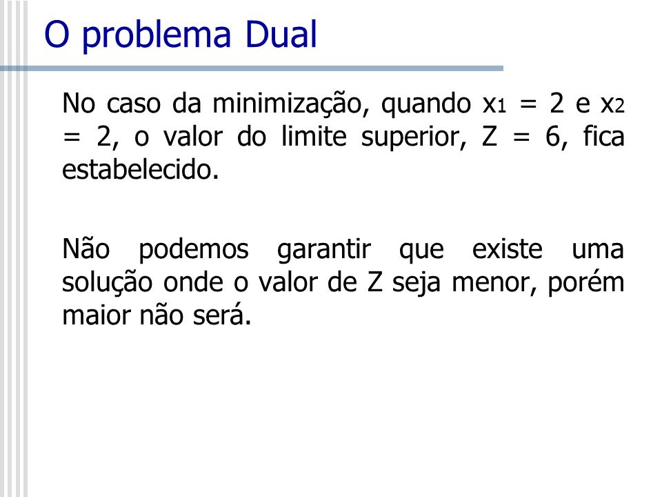 O problema Dual No caso da minimização, quando x1 = 2 e x2 = 2, o valor do limite superior, Z = 6, fica estabelecido.