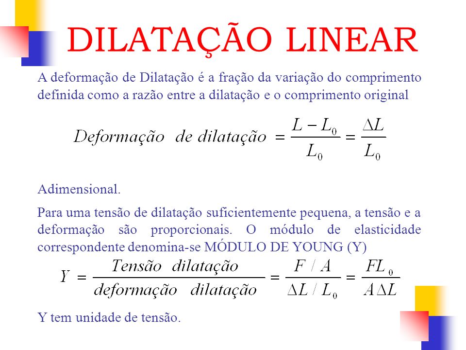 DILATAÇÃO LINEAR A deformação de Dilatação é a fração da variação do comprimento definida como a razão entre a dilatação e o comprimento original.