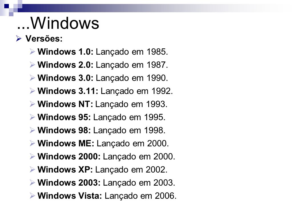 ...Windows Versões: Windows 1.0: Lançado em 1985.
