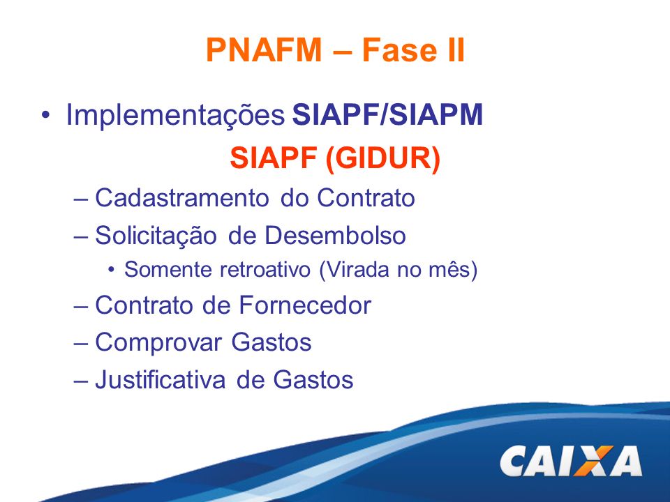 PNAFM – Fase II Implementações SIAPF/SIAPM SIAPF (GIDUR)
