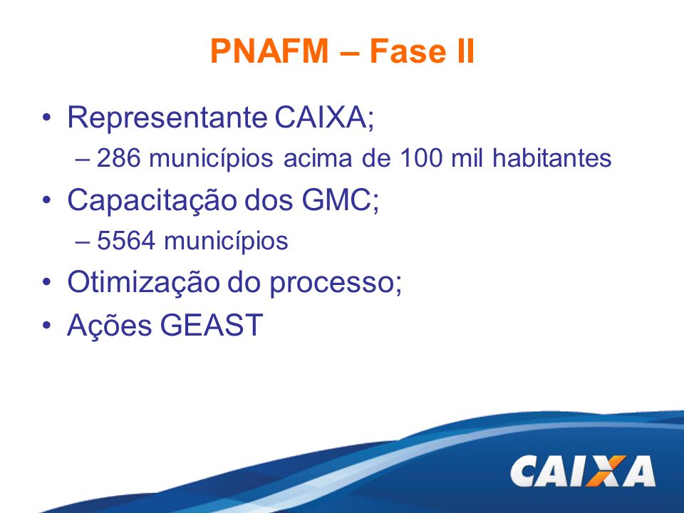 PNAFM – Fase II Representante CAIXA; Capacitação dos GMC;