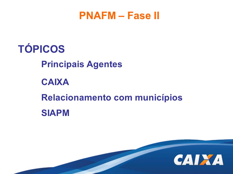 PNAFM – Fase II TÓPICOS Principais Agentes CAIXA