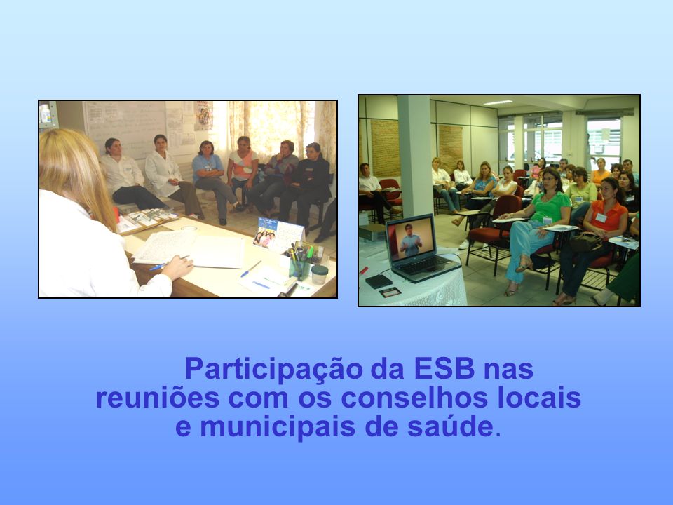 Participação da ESB nas reuniões com os conselhos locais e municipais de saúde.