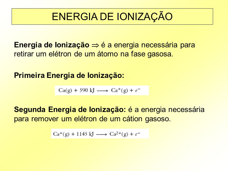 ENERGIA DE IONIZAÇÃO Energia de Ionização  é a energia necessária para retirar um elétron de um átomo na fase gasosa.